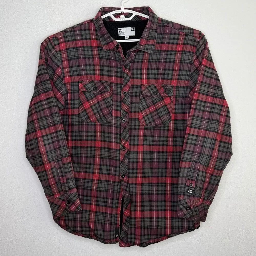 DC Shoes Sherpa Lined Flannel Jacket Plaid Red Gray Button Up Men’s XL